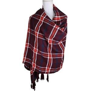 ABERCROMBIE & FITCH Woman Size 28"×70" Poncho Scarf CAPE Fringe Boho Red Plaided